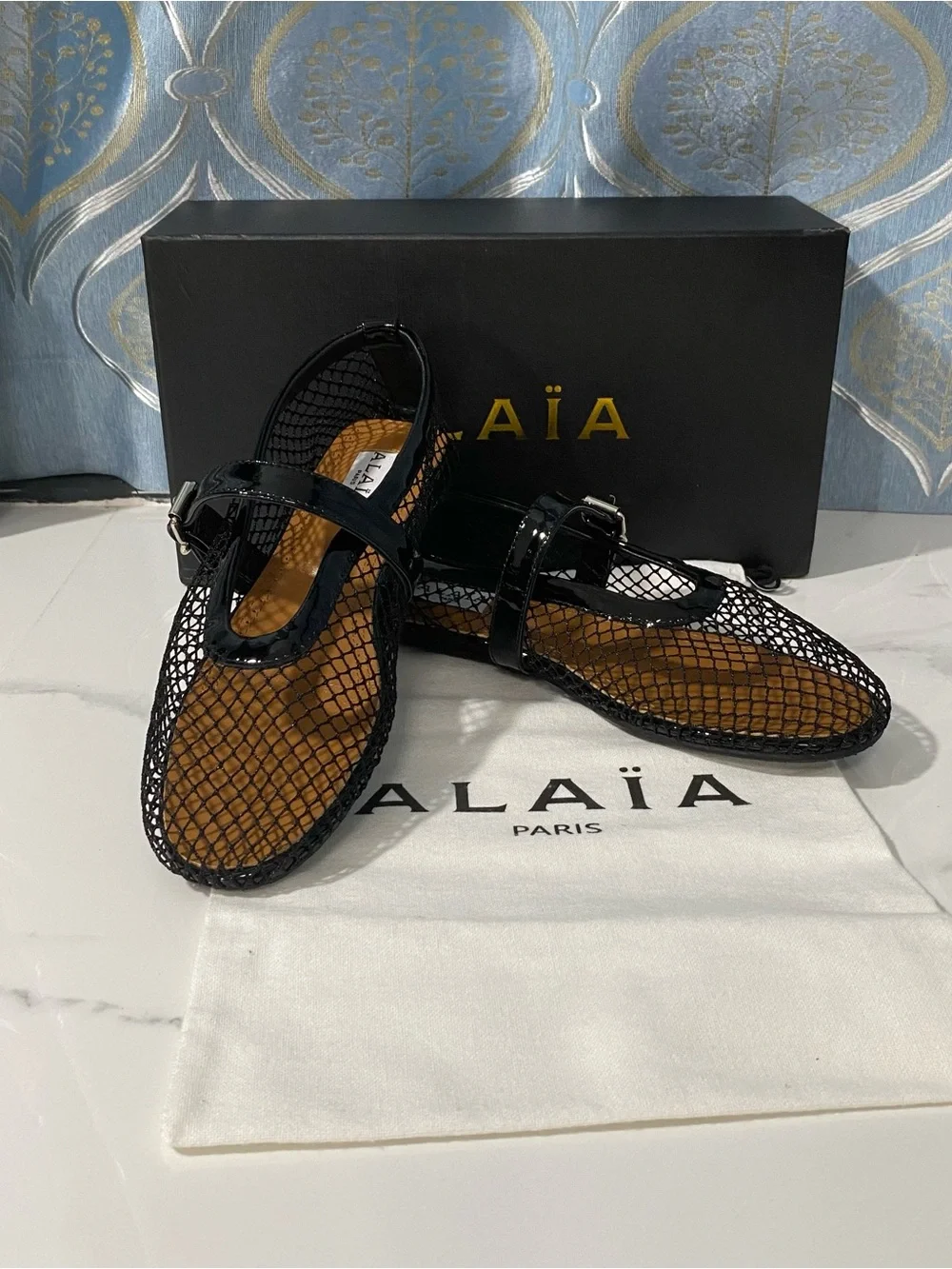 Alaia Black Mesh Mary Jane Flats with Patent Strap